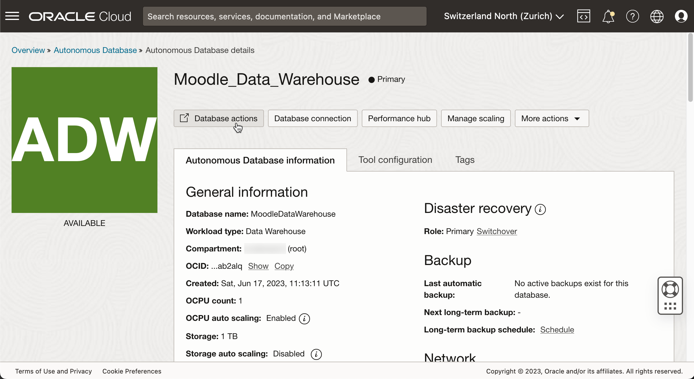 Database actions page