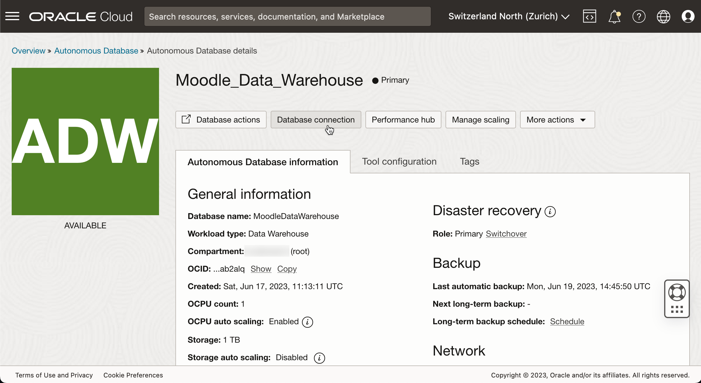 Oracle Cloud Autonomous Data Warehouse "Database connection" button