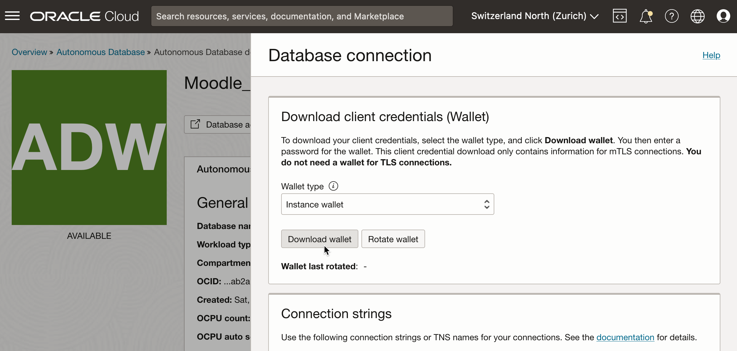 Oracle Cloud Autonomous Data Warehouse Database connection "Download wallet"