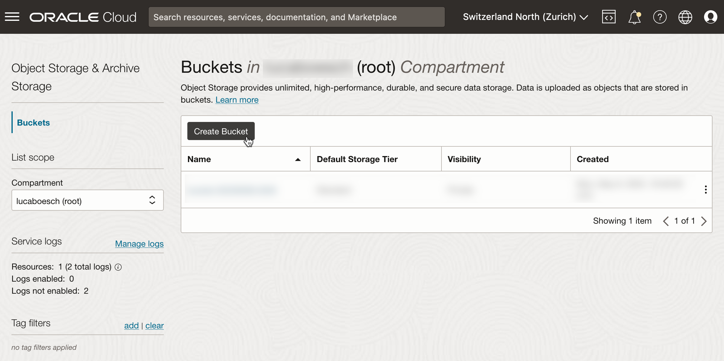 Oracle cloud "Create bucket"