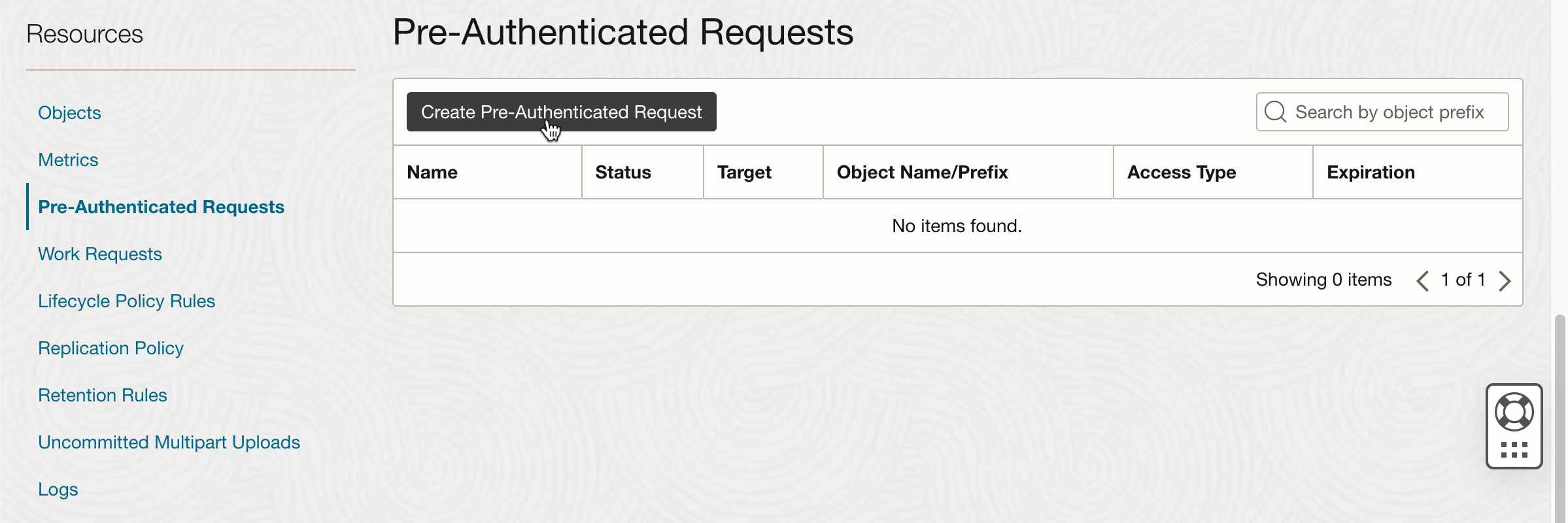 Oracle Object Storage Bucket "Create Pre-Authenticated Requests" button