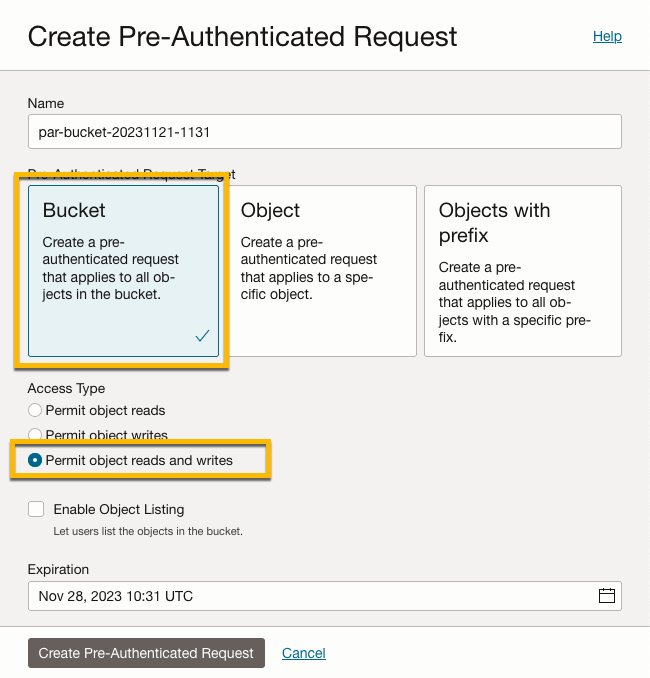 Oracle Object Storage Bucket "Create Pre-Authenticated Requests"