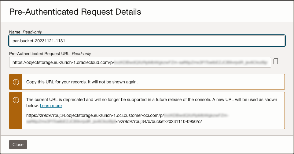 Oracle Object Storage Bucket Pre-Authenticated Request URL