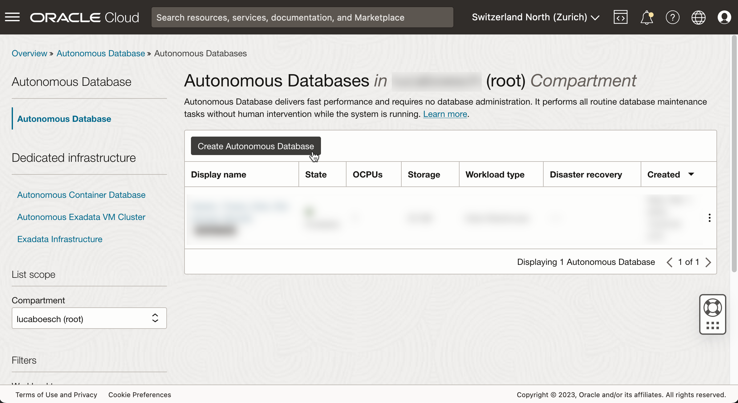 "Create Autonomous Database" button