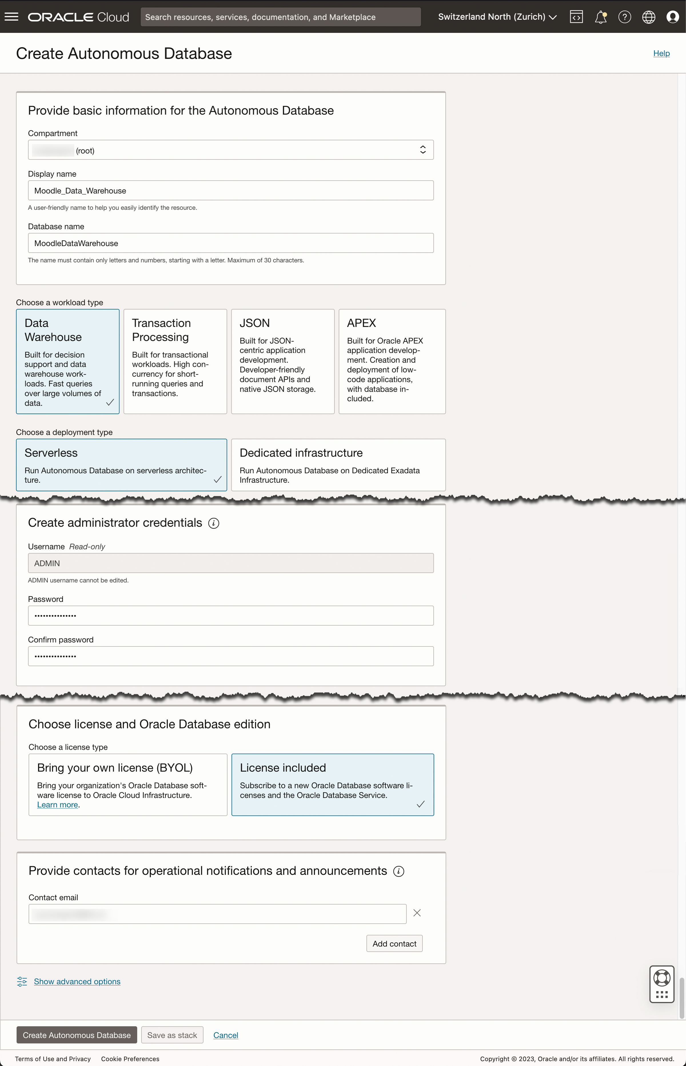 Create Autonomous Database page