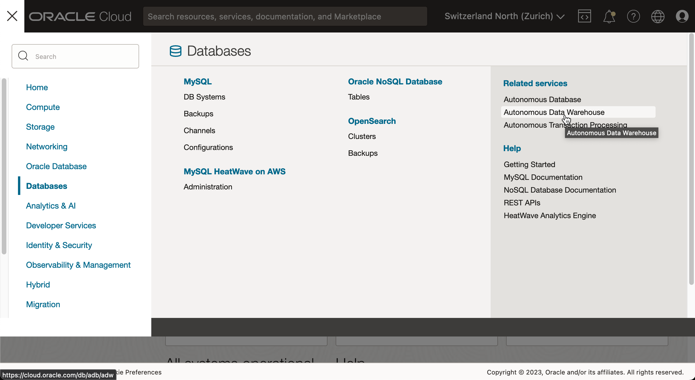 Navigation to "Autonomous Data Warehouse"