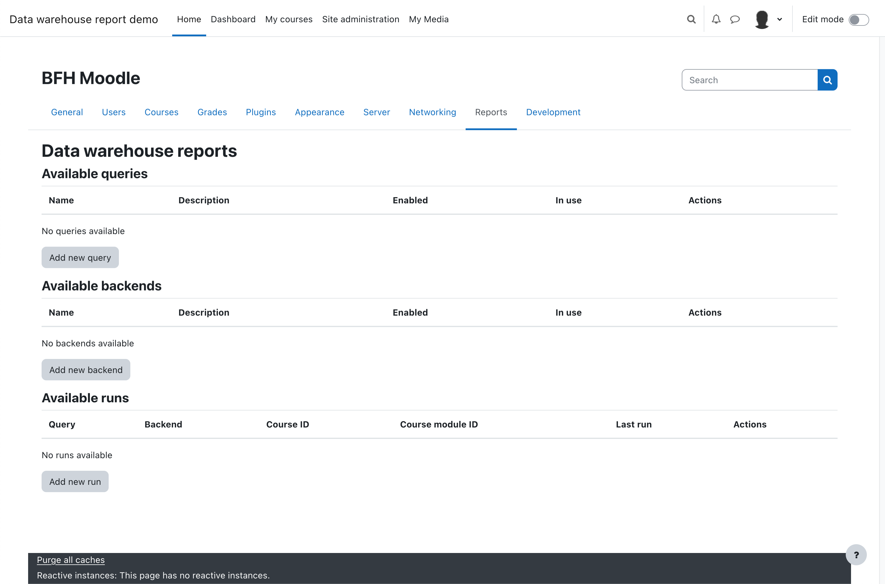 Moodle Data Warehouse Report backend page