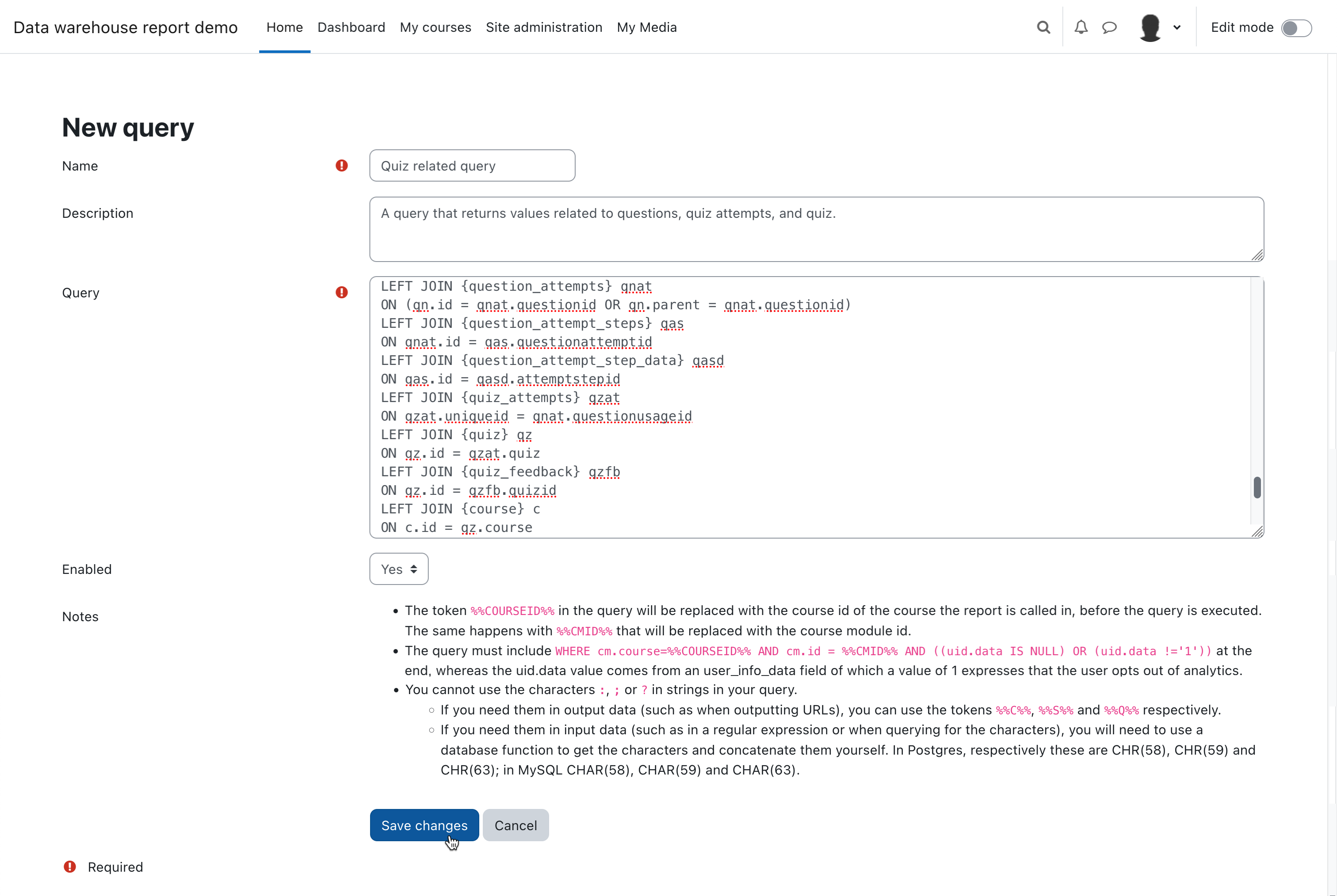 Moodle Data Warehouse Report query page