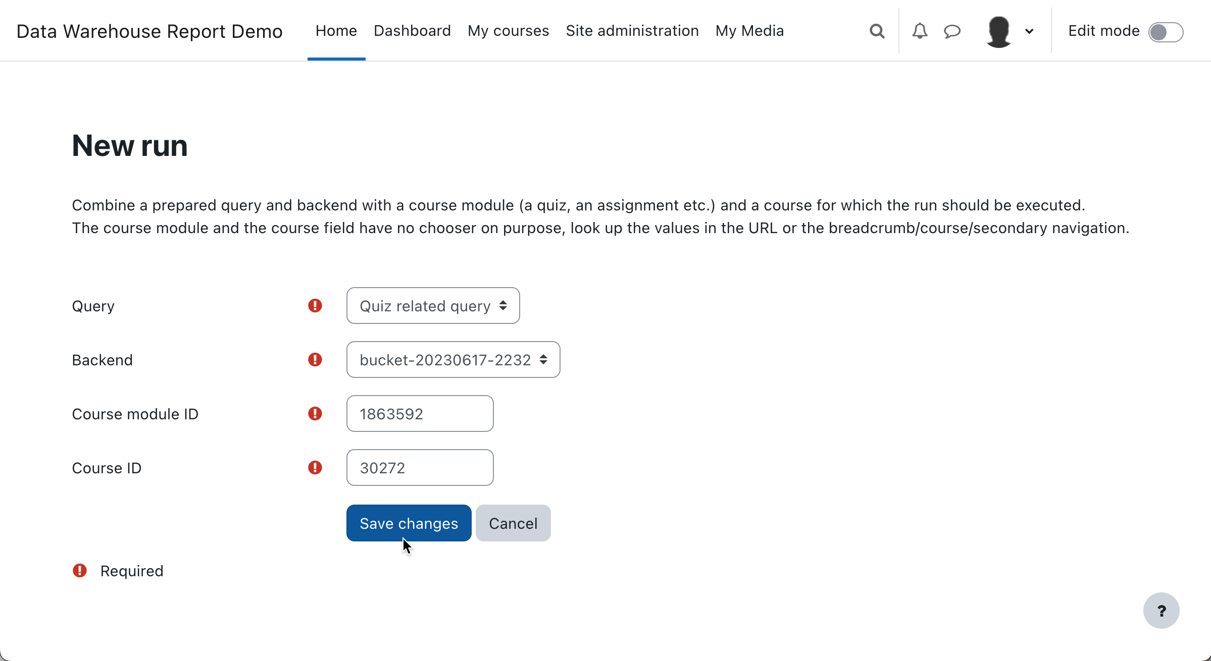 Moodle Data Warehouse Report "Add new run" page