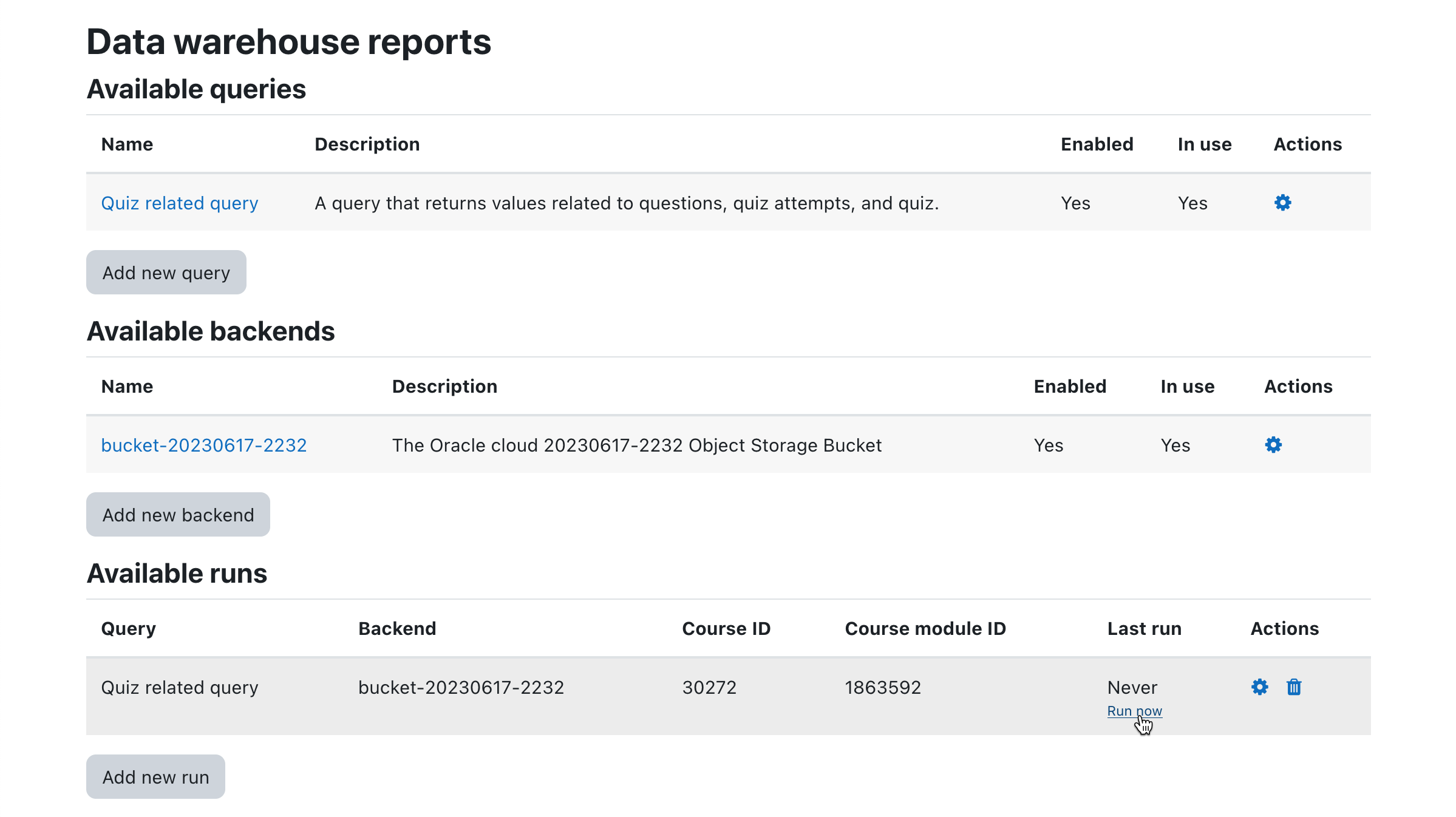 Moodle Data Warehouse Report "Run now" button