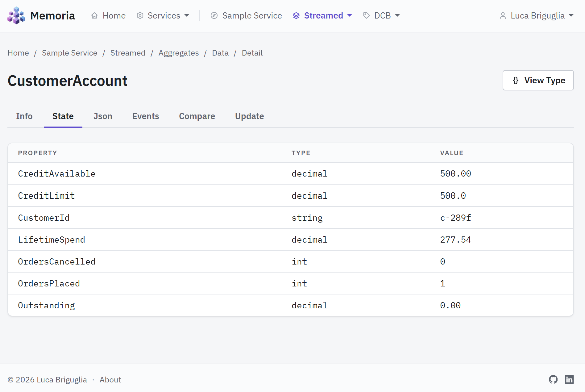 A CustomerAccount aggregate folded from its events, on the State tab