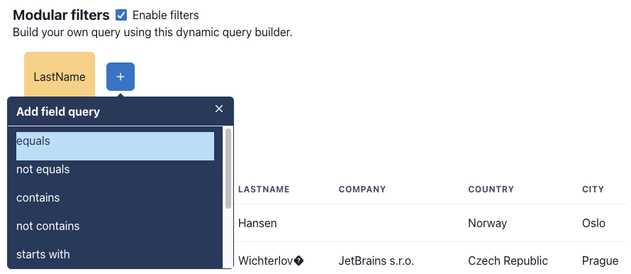 Modular query builder dialog