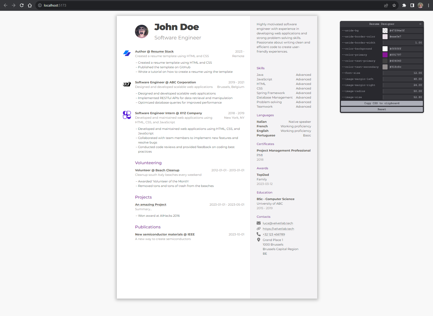 A preview of Resume Stack in the browser