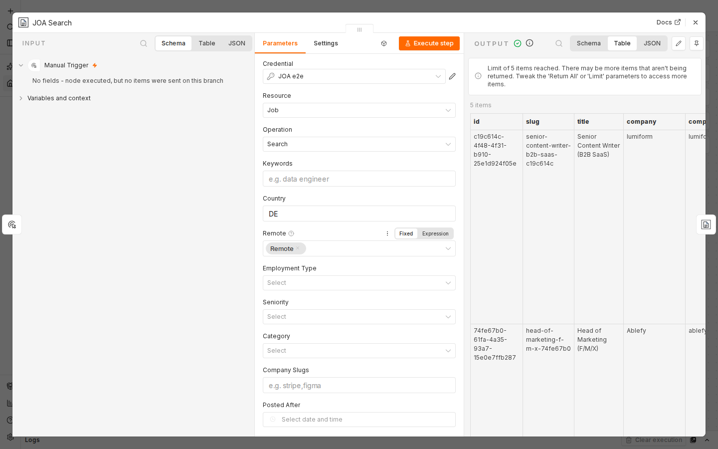 Job Opportunities API node in the n8n editor