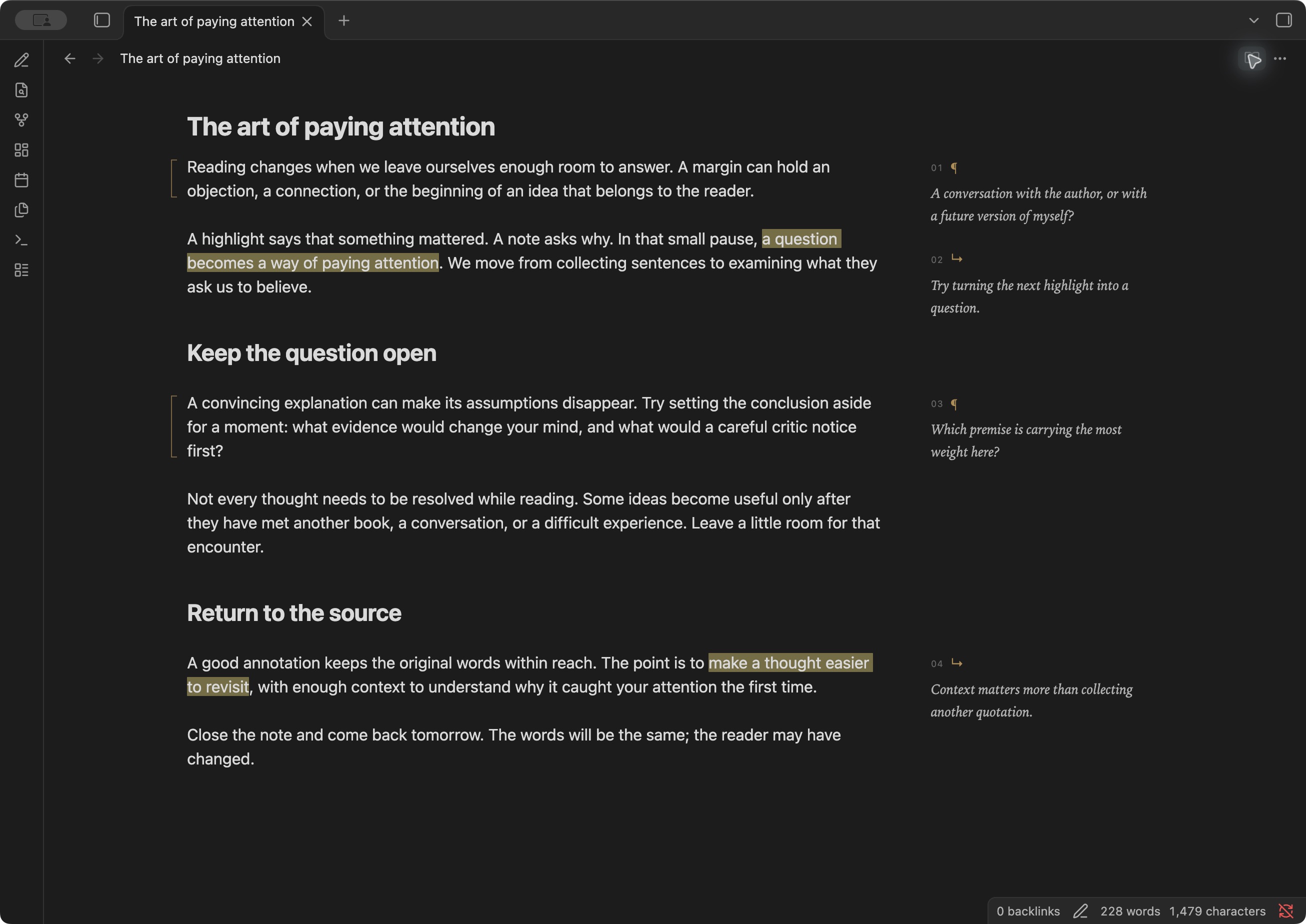 Marginalia MD in Obsidian's native editor