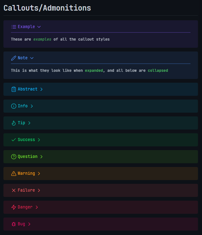 an image of the theme, containing stacked panes, admonitions, math, and sidebar views