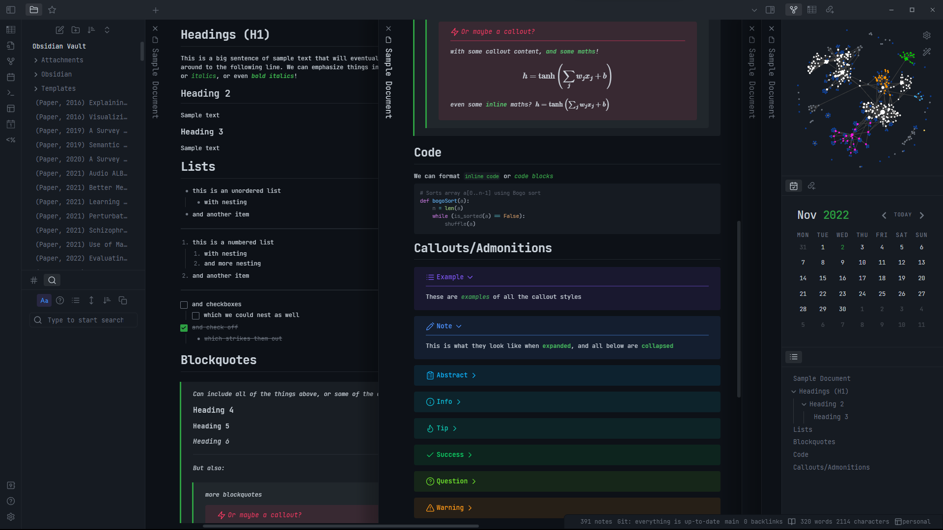 an image of the theme, containing stacked panes, admonitions, math, and sidebar views