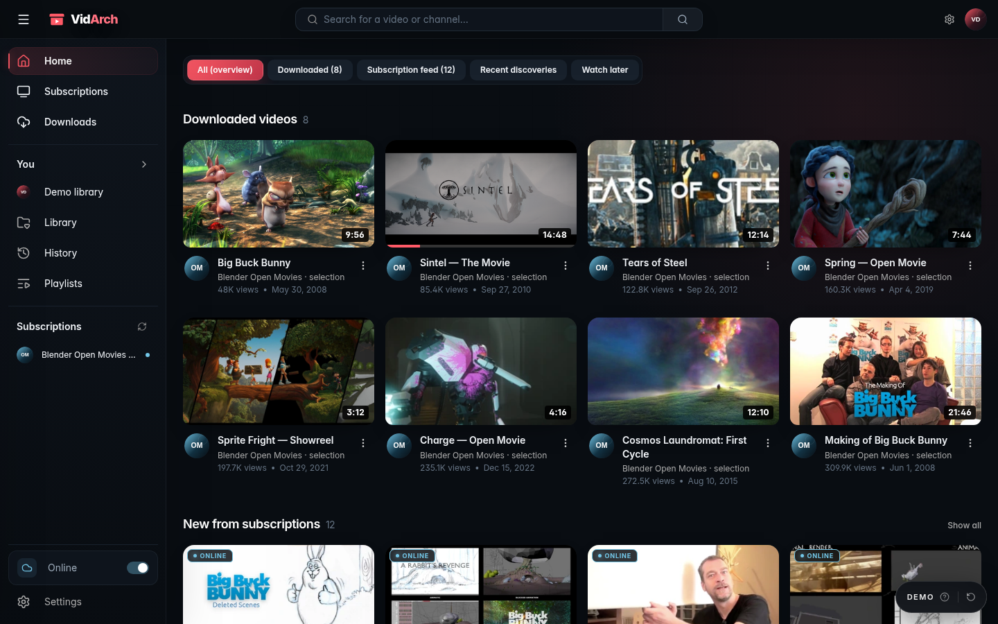 VidArch home feed with downloaded and discoverable videos