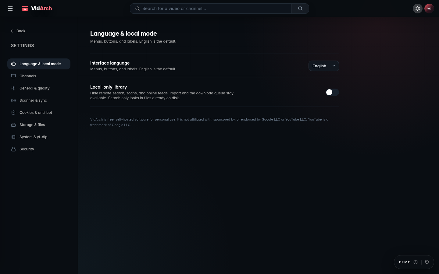 VidArch settings with English selected