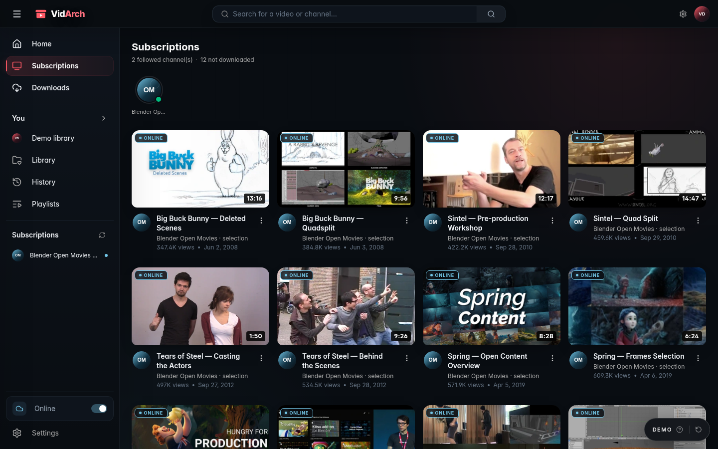 VidArch subscriptions with a Blender Open Movies demo channel