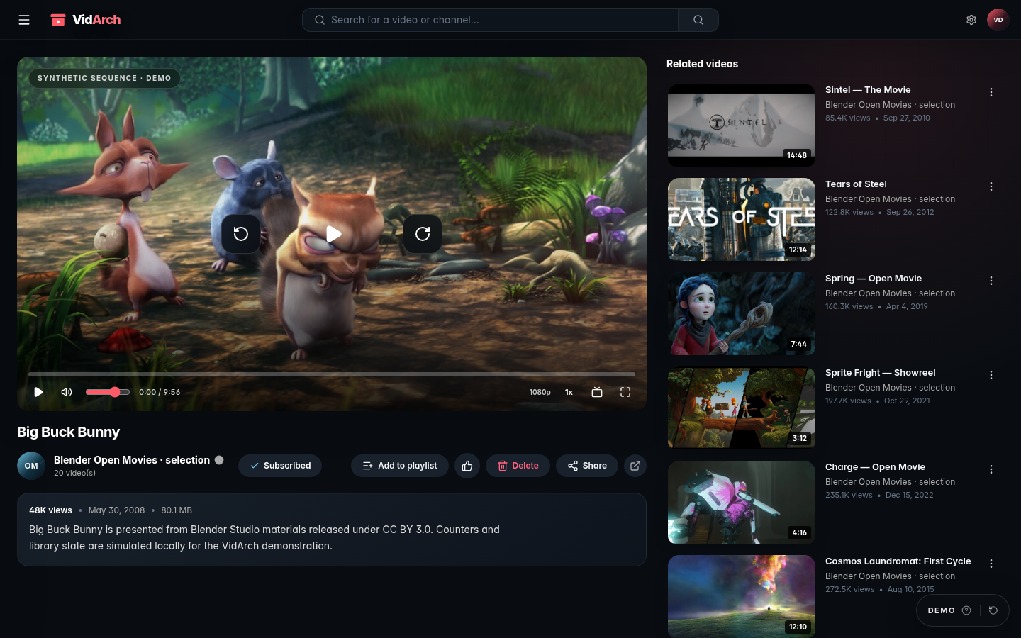 VidArch watch page for the Big Buck Bunny demo title