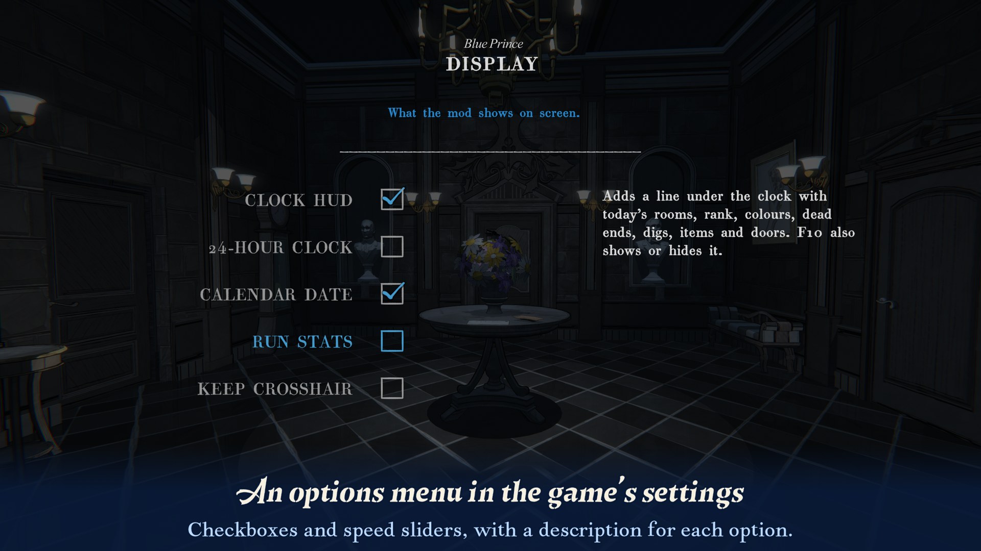 The Display page of the Mods menu, with a description of the selected option on the right