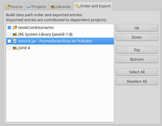 Ordem do Estória no build path do projeto no Eclipse