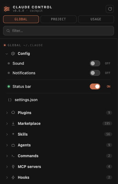 Claude Control panel — Global scope with Config toggles plus Plugins, Skills, Agents, Commands, MCP servers and Hooks