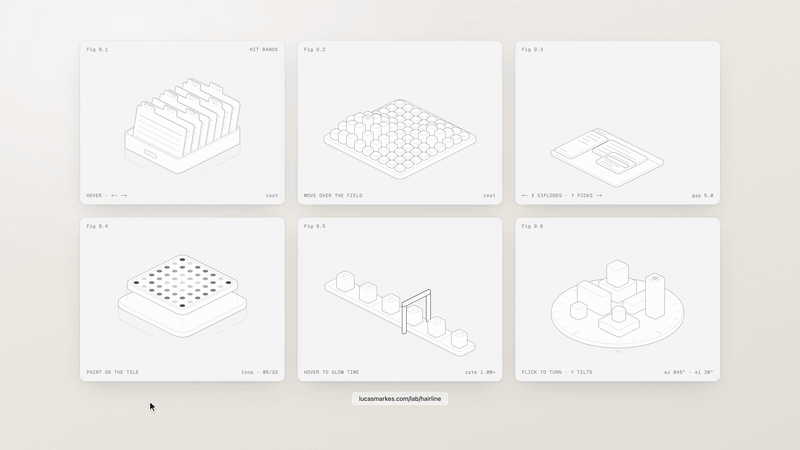 The six figures: a tray of cards, a field of pillars, a window in layers, a dot matrix, a conveyor belt and a turntable