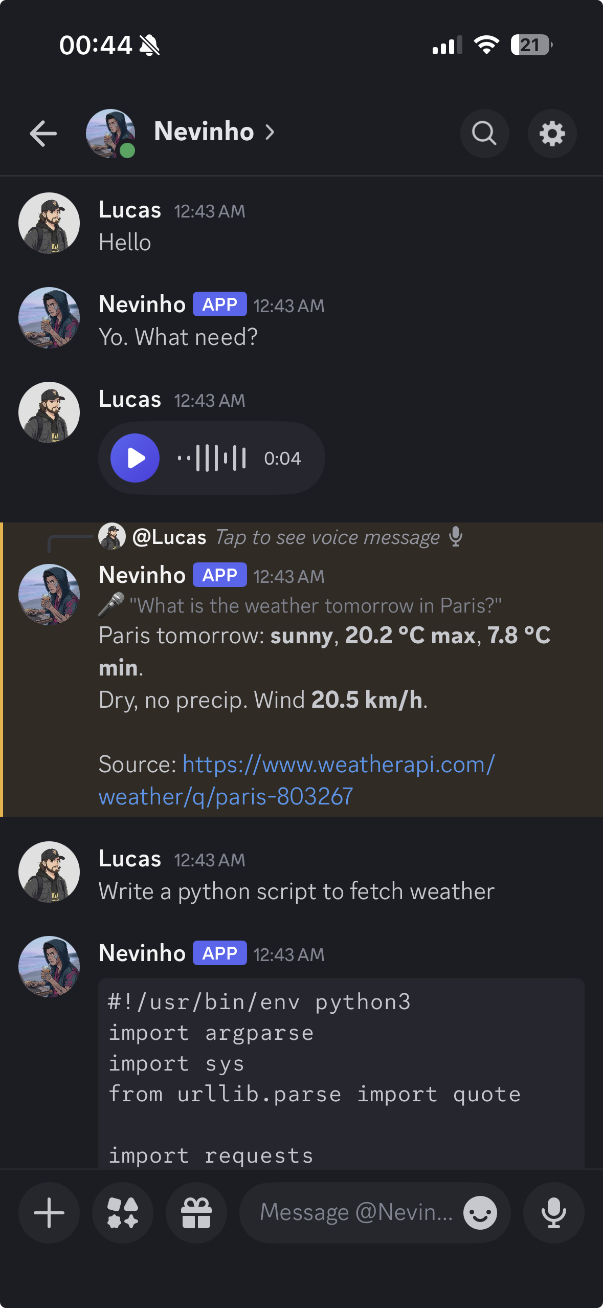 Voice message, weather tool, code generation on Discord mobile