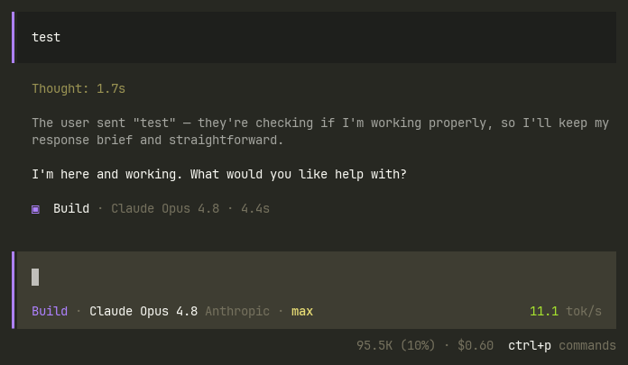 opencode-token-meter showing a live tok/s readout in the prompt status row