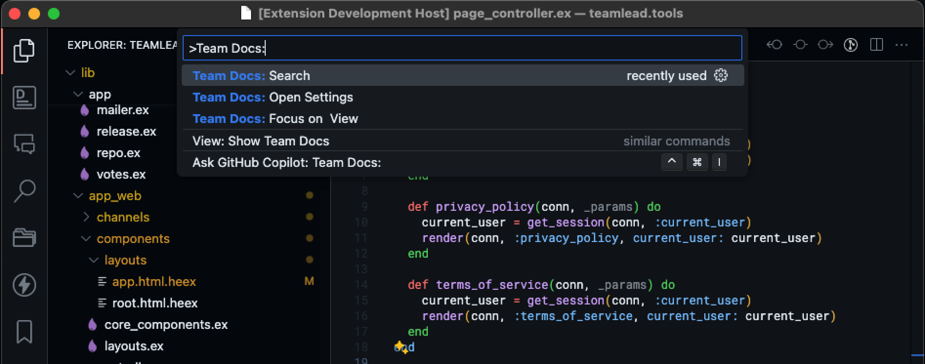 Using cmd+shit+p to see the Team Docs: Search command