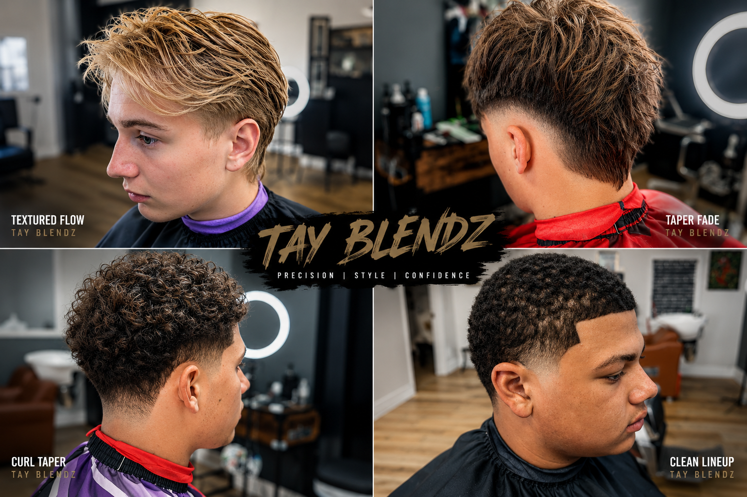 Tay Blendz haircut portfolio featuring fades, tapers, curls, and clean lineups