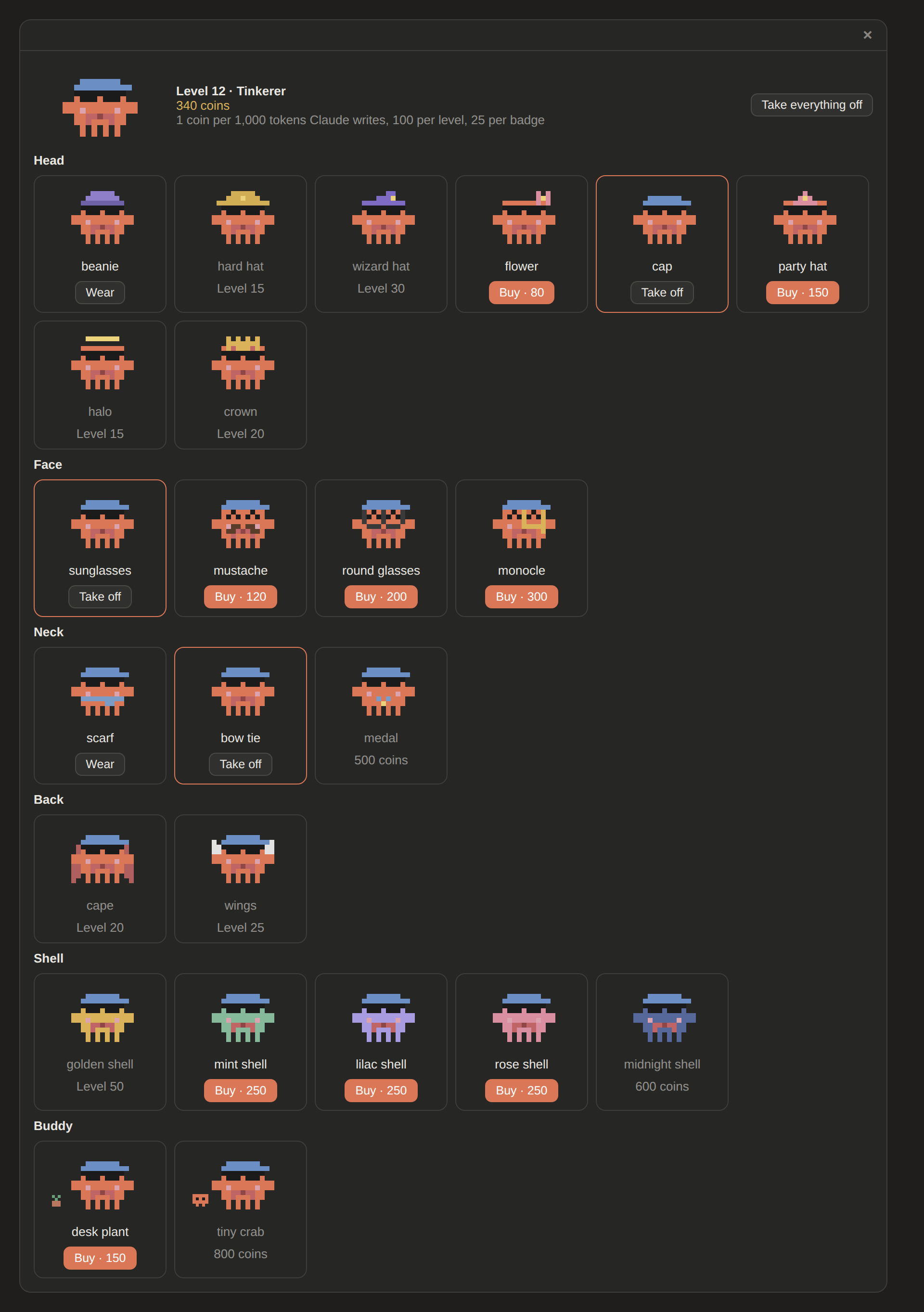 The shop panel in the desktop app: level 12, 340 coins, and a grid of cards per slot, each showing the crab in that item with a Buy, Wear or Take off button
