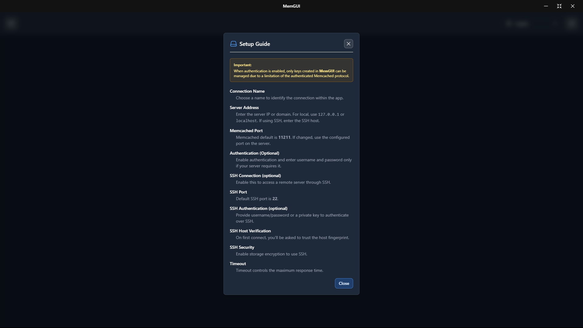 MemGUI Screenshot - Connection guide