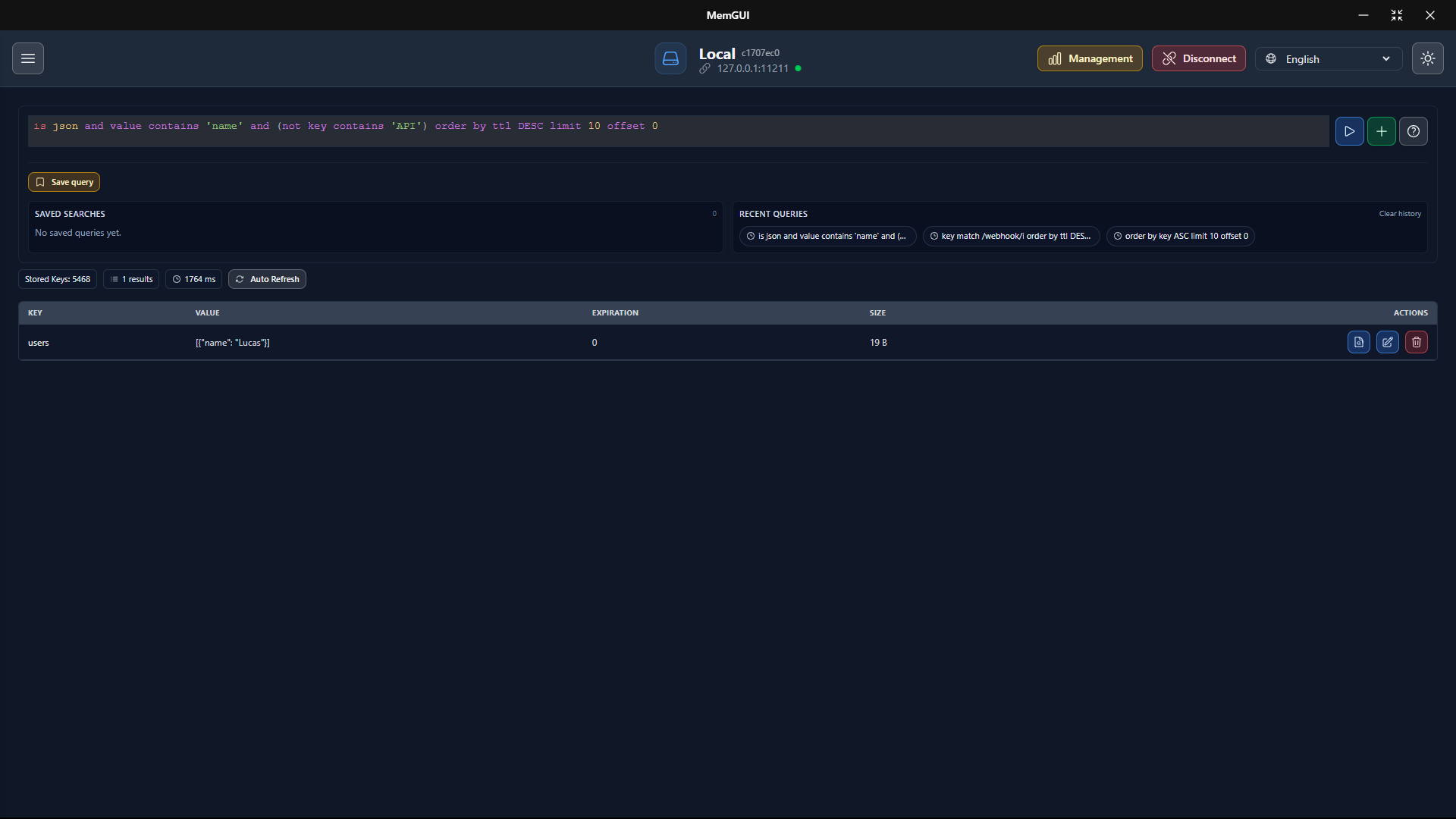 MemGUI Screenshot - Key list