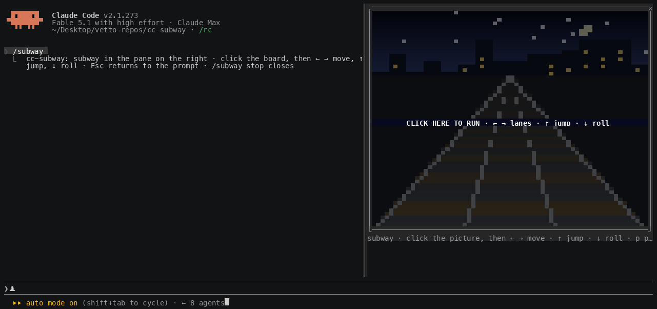Running /subway in Claude Code: the pane opens on the right, a run to a crash, a prompt to Claude, the game pausing when the answer lands, and a second run