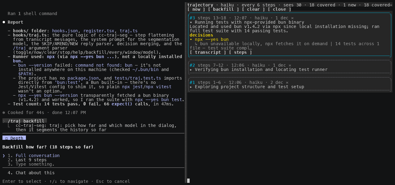 The backfill dialog over the transcript, with the reconstructed phases already stacking on the right