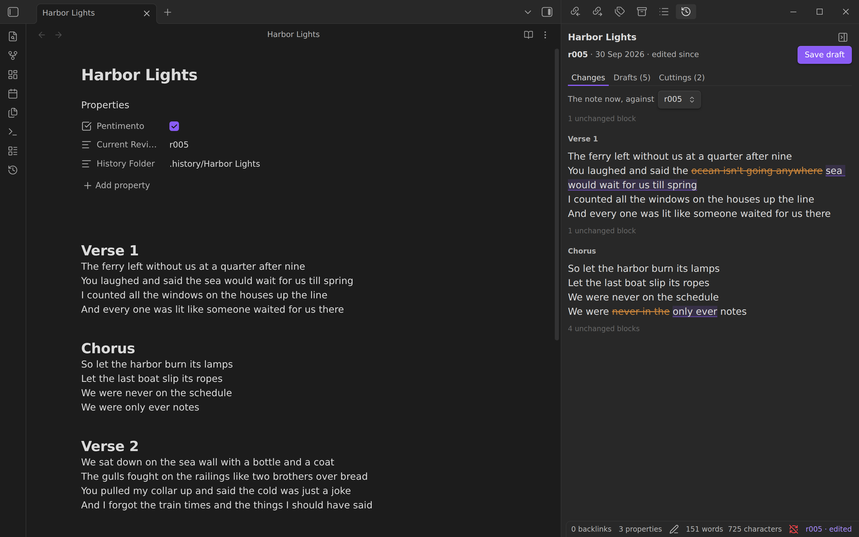 The Changes tab: unsaved edits against the latest draft