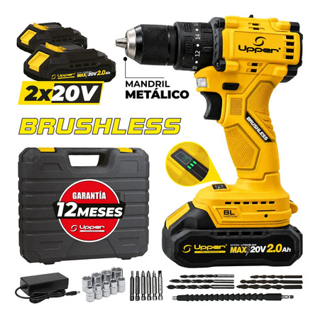 Taladro Percutor Upper Brushless 20V Torque Máx. 40N.m Mandril 13mm+ 2 Baterías con cargad