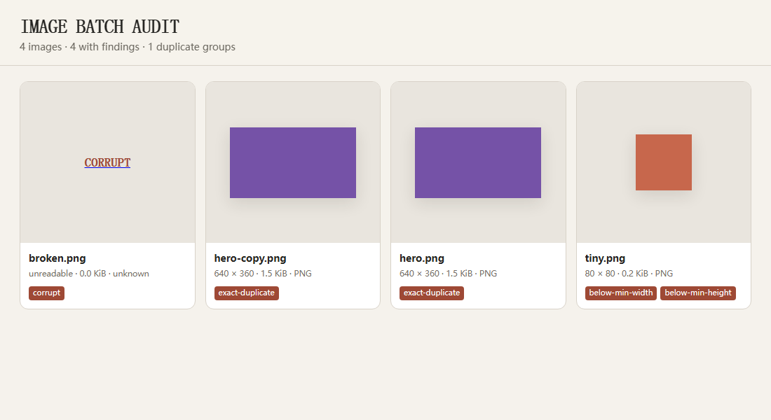 Example report showing a corrupt file, an exact duplicate pair, and an undersized image