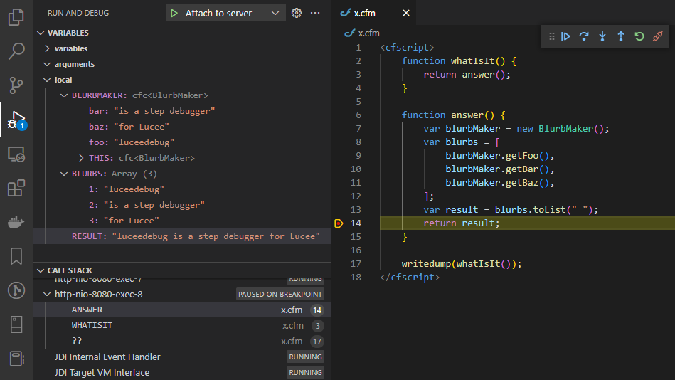 misc. features of a debug session indicating that luceedebug is a step debugger for Lucee.