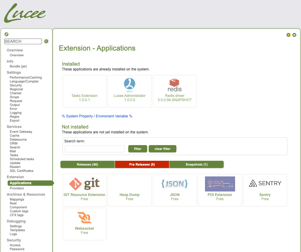 Lucee Admin: Extensions - Application