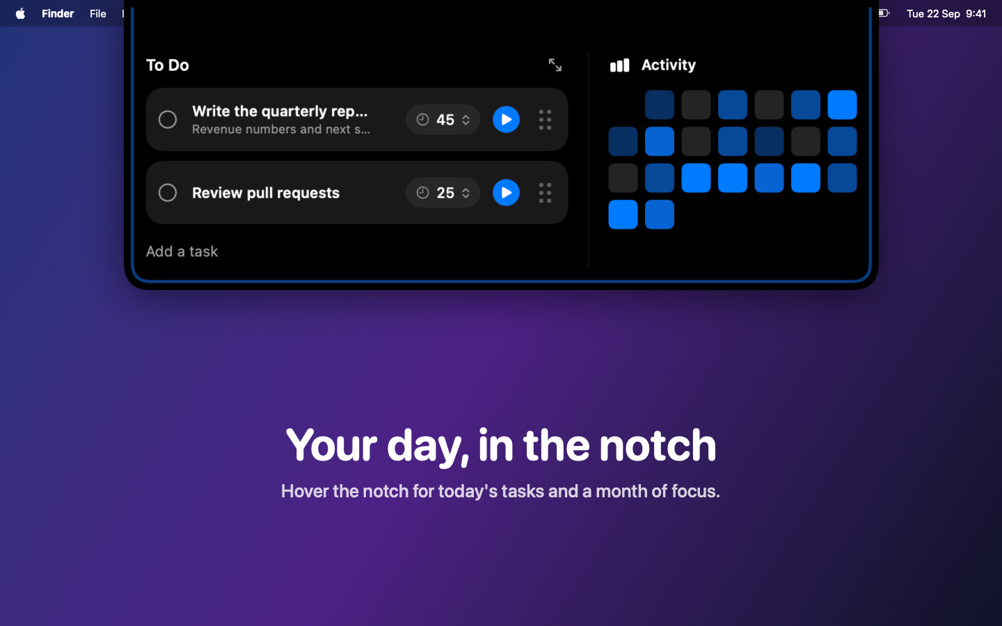 Hover the notch for today's tasks and a month of focus