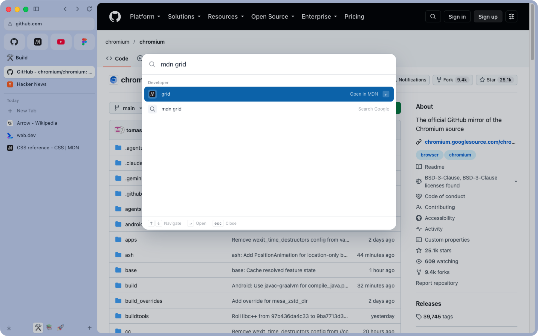 The command bar suggesting MDN for the query mdn grid