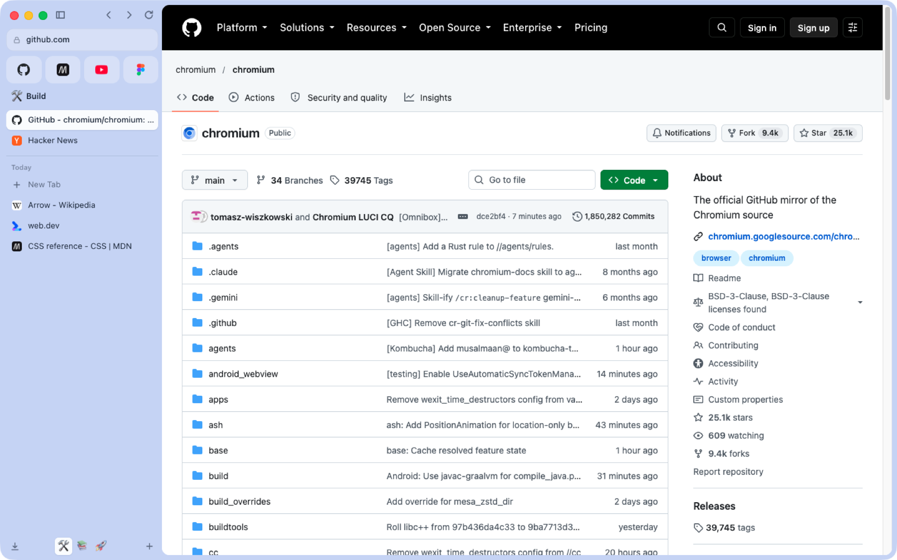 Flecha's window: the sidebar with favourites, pinned tabs, Today and Spaces, beside a GitHub page