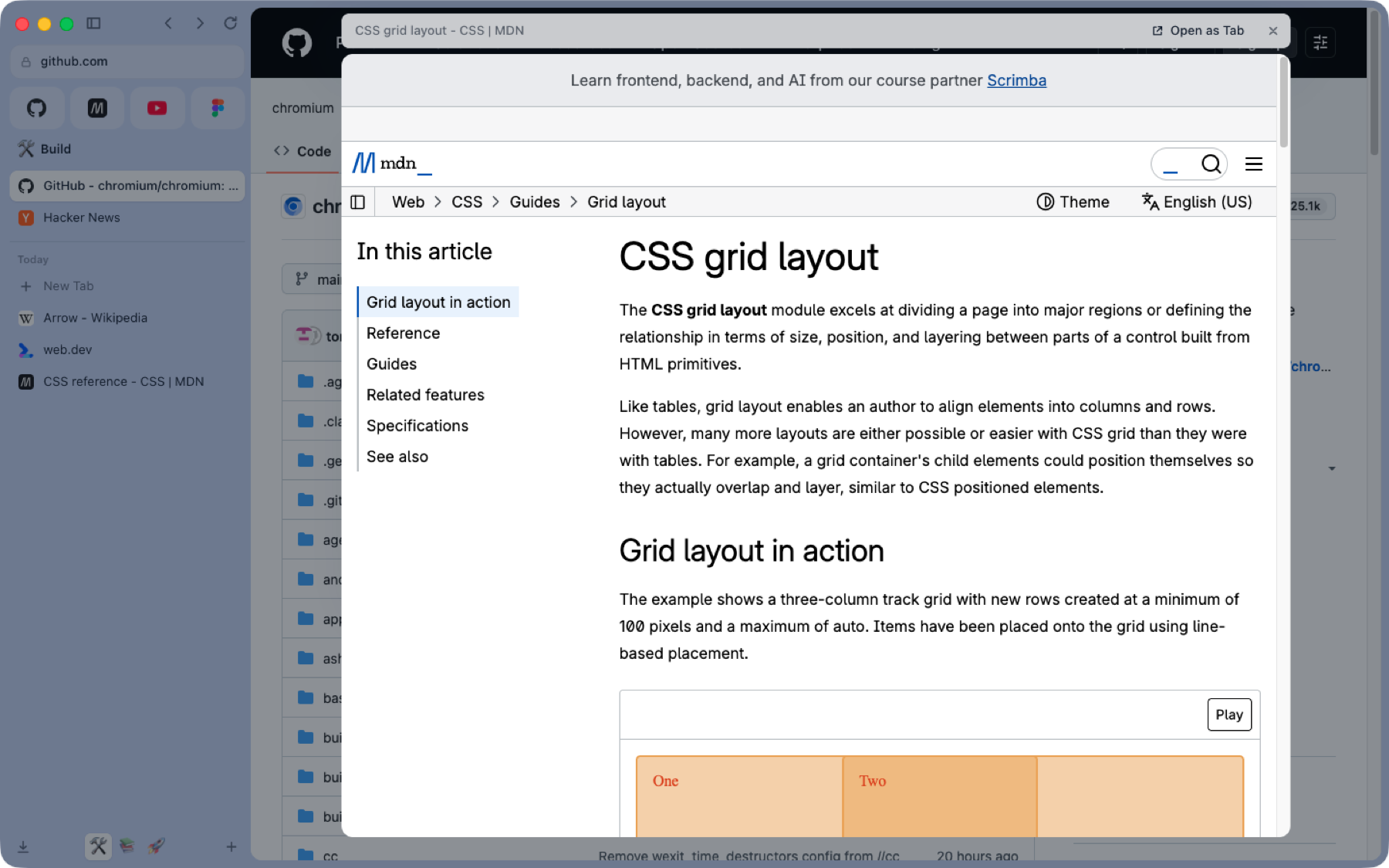 An MDN page open in Peek over the current tab