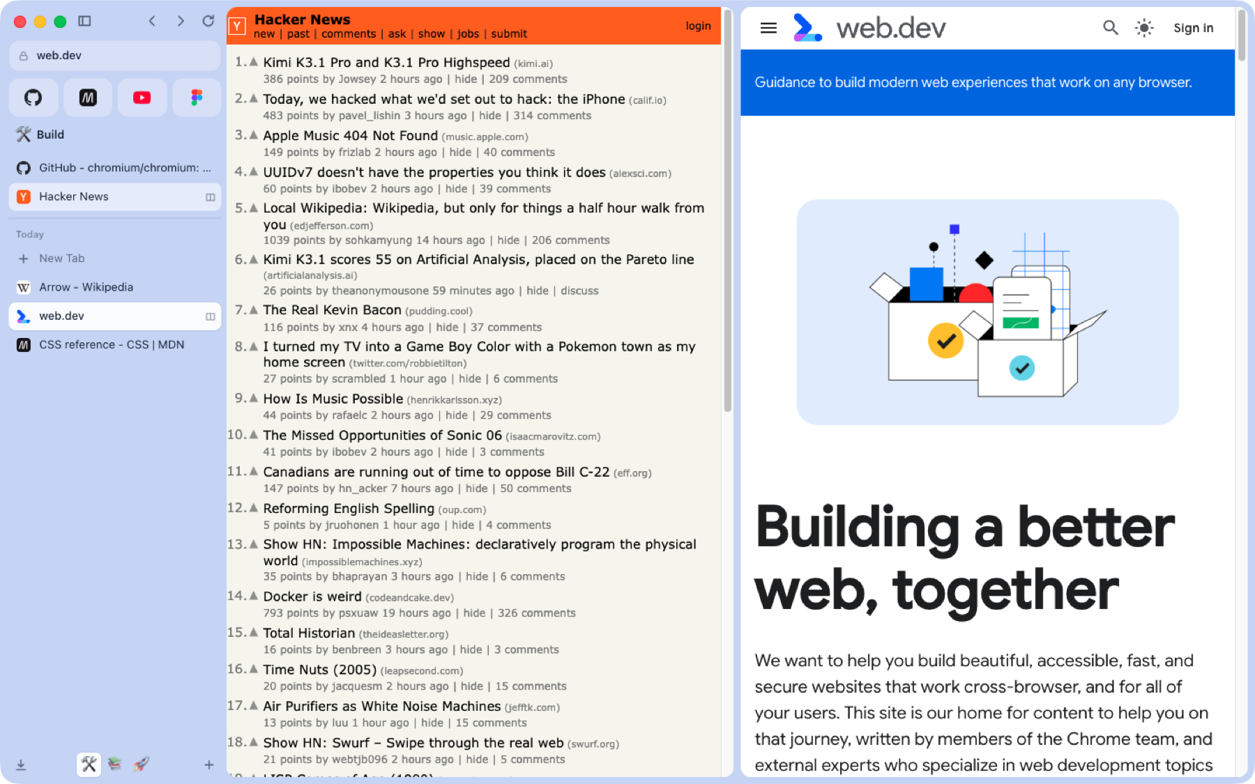 Hacker News and web.dev side by side in split view