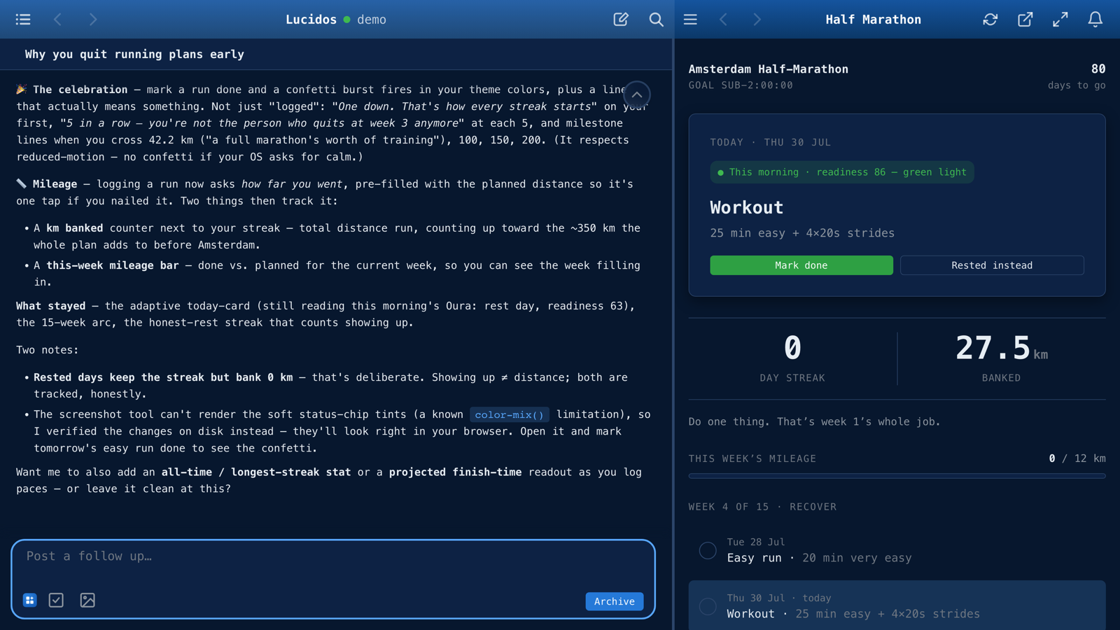 A half-marathon training app, described in chat and running live beside it, reading this morning's Oura readiness