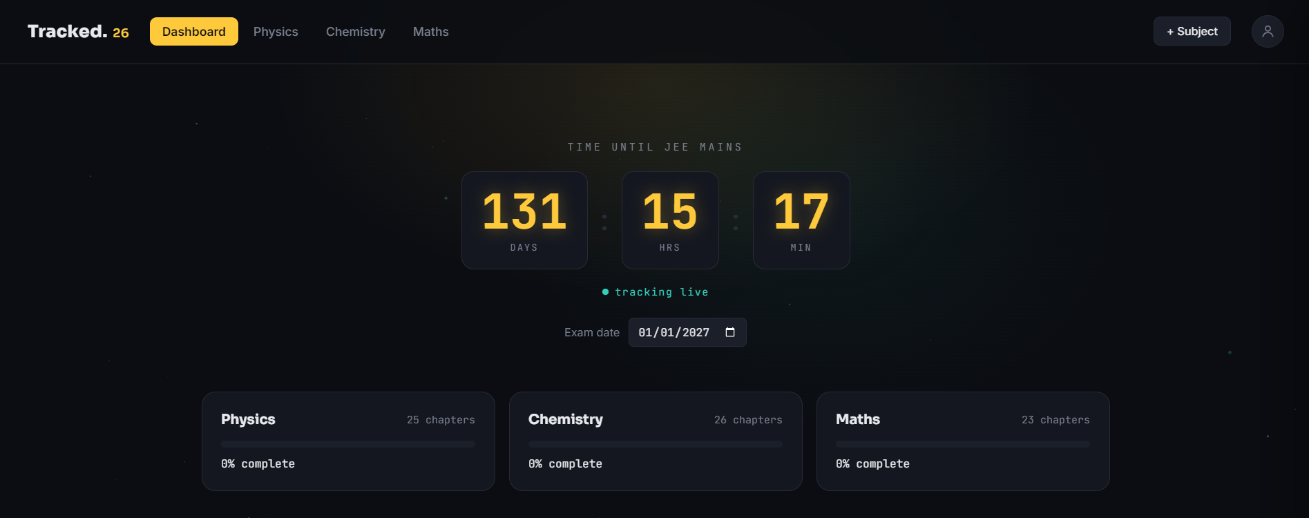 Tracked.26 dashboard showing subject progress and countdown